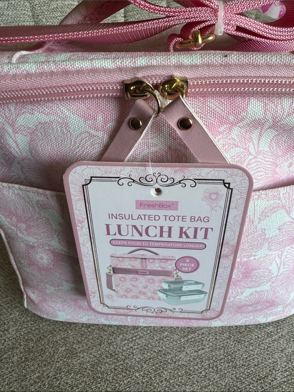 New Pink Floral Insulated Tote Lunch Kit - Picture 2 of 3